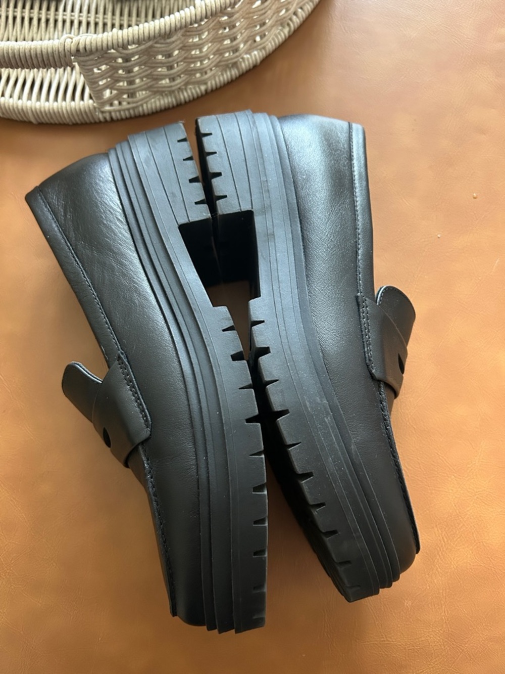 Black Leather Lug-Sole Penny Loafers - Women's - Picture 7 of 9